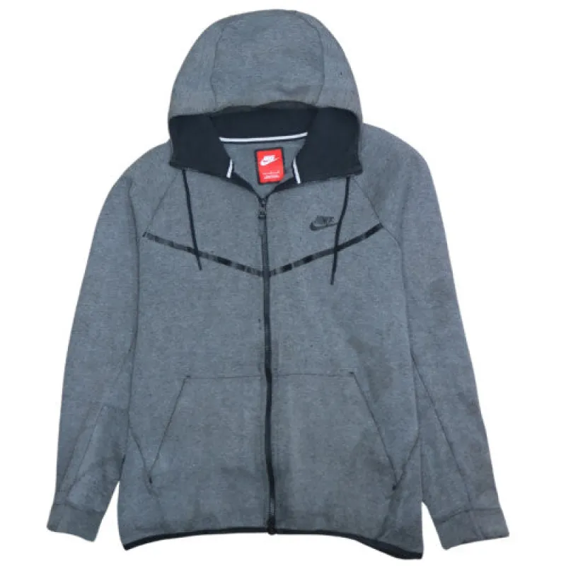 Nike Grey Zip Hoodie Men's Large Printed Swoosh Chevron Detail Kangaroo Pocket Sweatshirt sold by Vintage Club