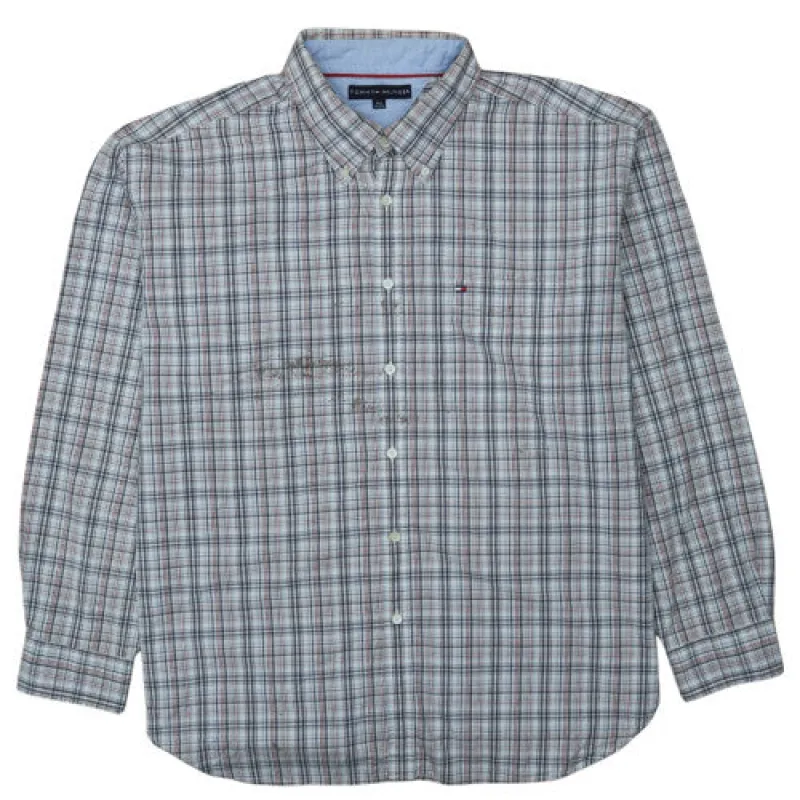 Tommy Hilfiger Grey Check Shirt Men's XXLarge Embroidered Flag Logo Button Down Casual Top made by Tommy Hilfiger
