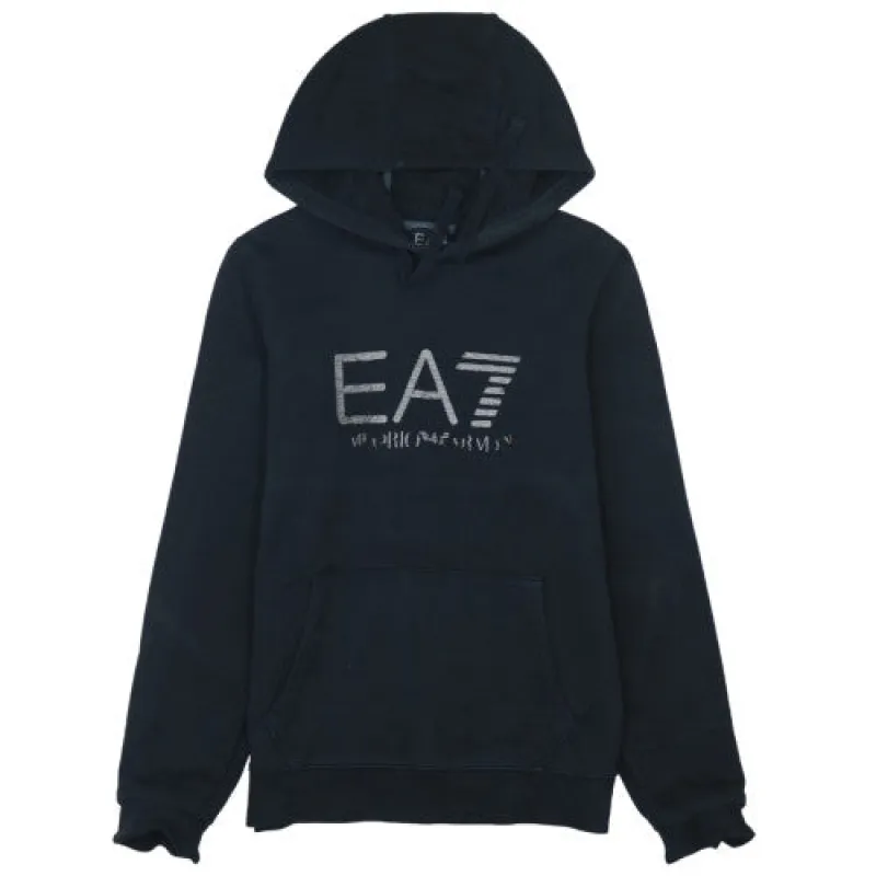 Emporio Armani Black Hoodie Men's Small EA7 Printed Logo Kangaroo Pocket Pullover Sweatshirt sold by Vintage Club