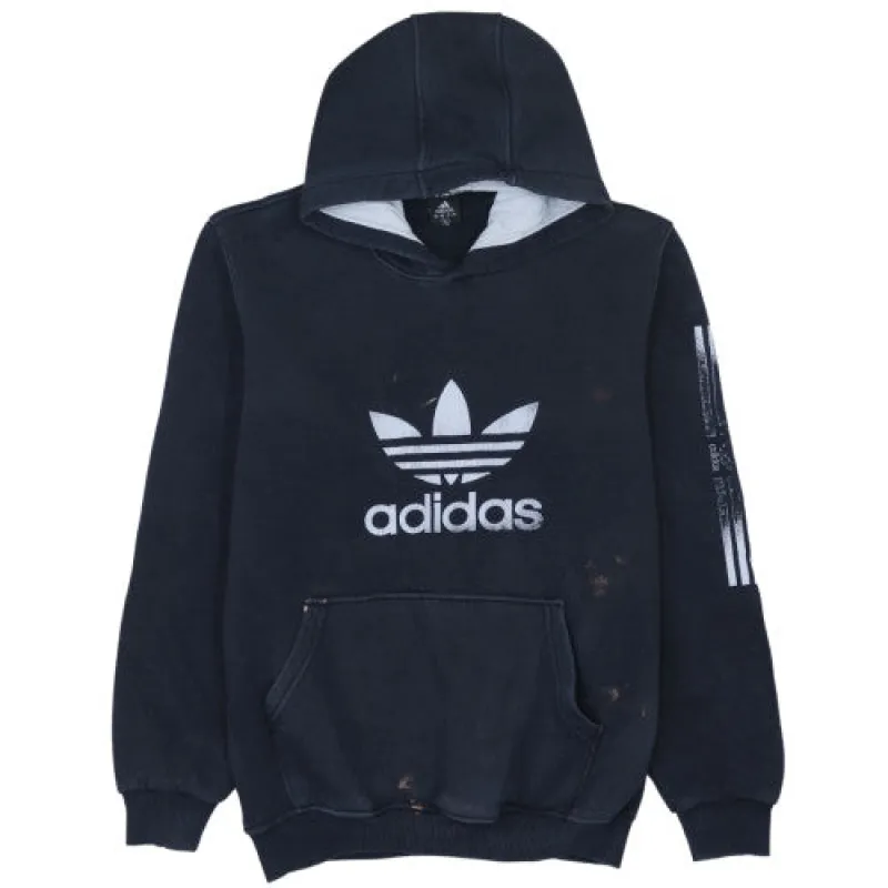 Adidas Navy Blue Hoodie Men's XLarge Printed Trefoil Logo Sleeve Graphic Kangaroo Pocket Sweatshirt made by Adidas