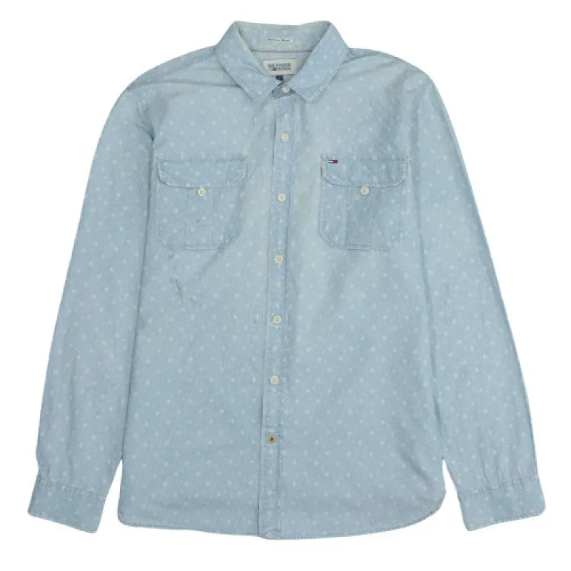 Tommy Hilfiger Light Blue Shirt Men's Large Patterned Hilfiger Denim Long Sleeve Button Up sold by Vintage Club