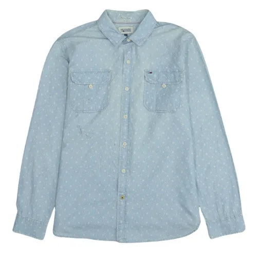 Tommy Hilfiger Light Blue Shirt Men's Large Patterned Hilfiger Denim Long Sleeve Button Up sold by Vintage Club