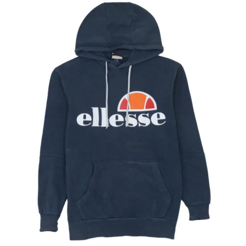 Ellesse Navy Blue Hoodie Men's Small Printed Logo Kangaroo Pocket Pullover Sweatshirt sold by Vintage Club