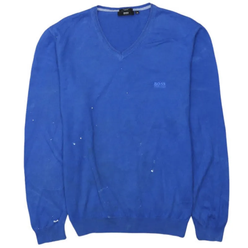 Hugo Boss Royal Blue Jumper Men's Medium V Neck Embroidered Chest Logo Knit Sweater made by Hugo Boss