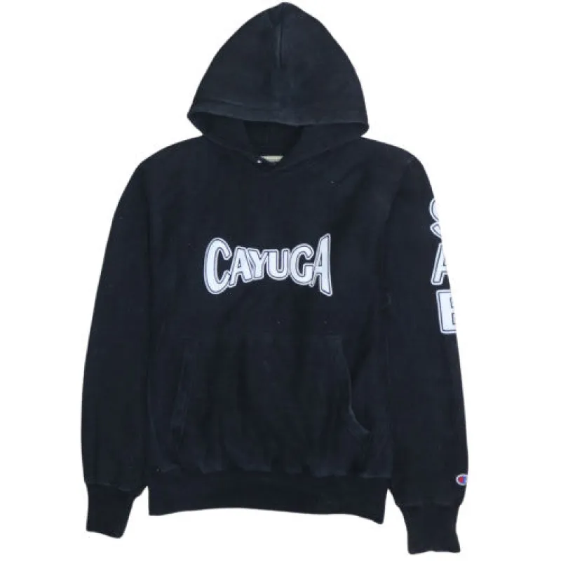 Champion Black Hoodie Men's XLarge Cayuga Print Sleeve Script Logo Pullover Sweatshirt sold by Vintage Club