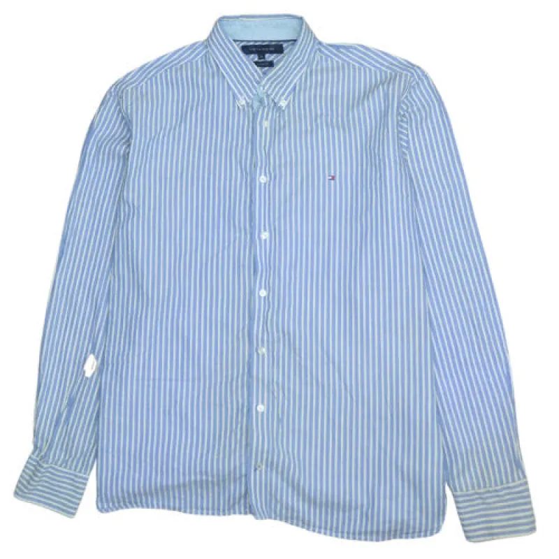 Tommy Hilfiger Blue White Stripe Shirt Men's XLarge Embroidered Chest Logo Button Up Casual Top made by Tommy Hilfiger
