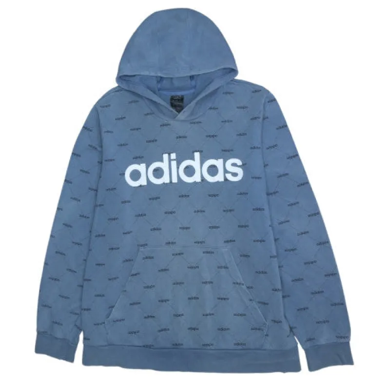 Adidas Blue Hoodie Men's XLarge All Over Logo Print Kangaroo Pocket Pullover Sweatshirt sold by Vintage Club