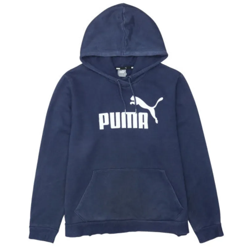 Puma Navy Blue Hoodie Men's XLarge Printed Logo Kangaroo Pocket Fleece Pullover Sweatshirt sold by Vintage Club