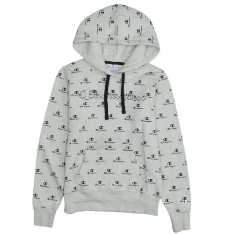 Champion Beige Cream Hoodie Men's XSmall All Over Logo Embroidered Chest Pullover Sweatshirt made by Champion