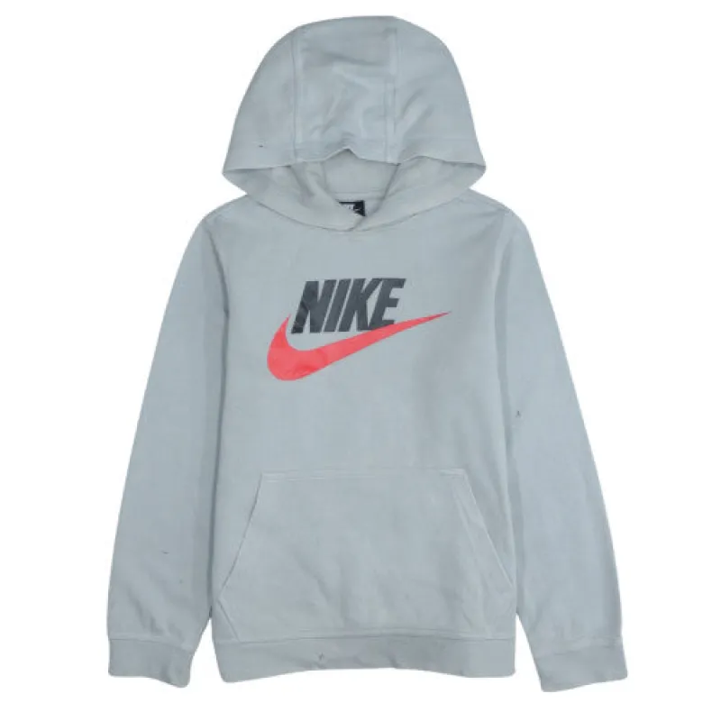 Nike Light Grey Hoodie Women’s Large Printed Swoosh Logo Kangaroo Pocket Pullover Sweatshirt sold by Vintage Club