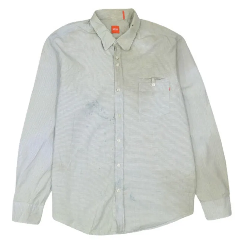 HUGO BOSS Light Grey Check Shirt Men's 2XL Long Sleeve Button Front Pocket made by Hugo Boss