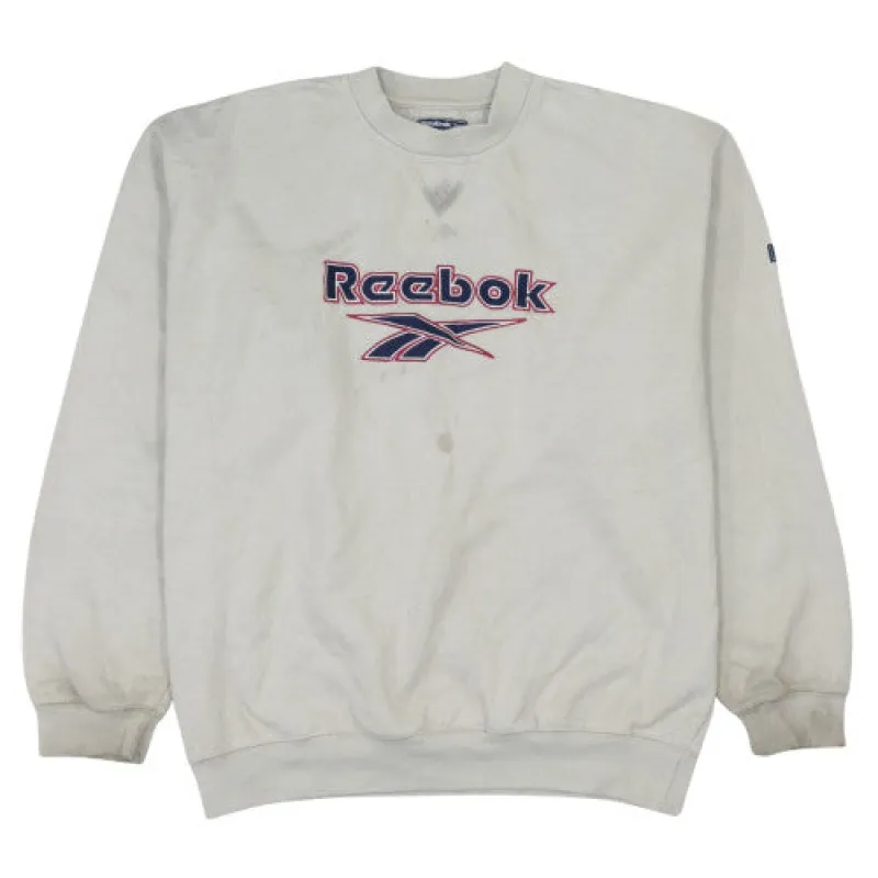 Reebok Cream Sweatshirt Men’s XLarge Embroidered Spellout Logo Crewneck Pullover Fleece Top sold by Vintage Club