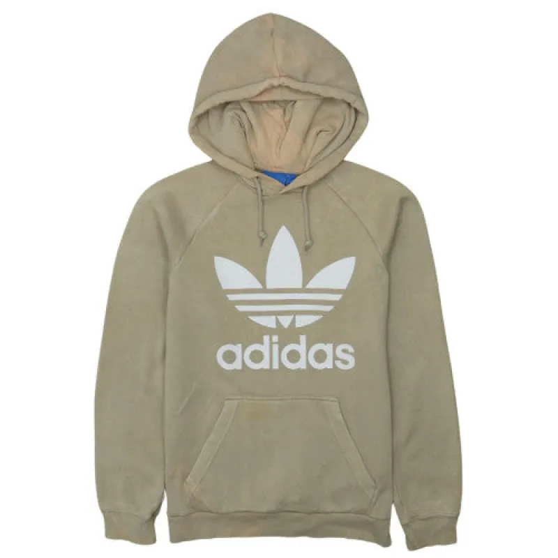 Adidas Beige Cream Hoodie Men's Small Trefoil Printed Logo Kangaroo Pocket Pullover Sweatshirt sold by Vintage Club