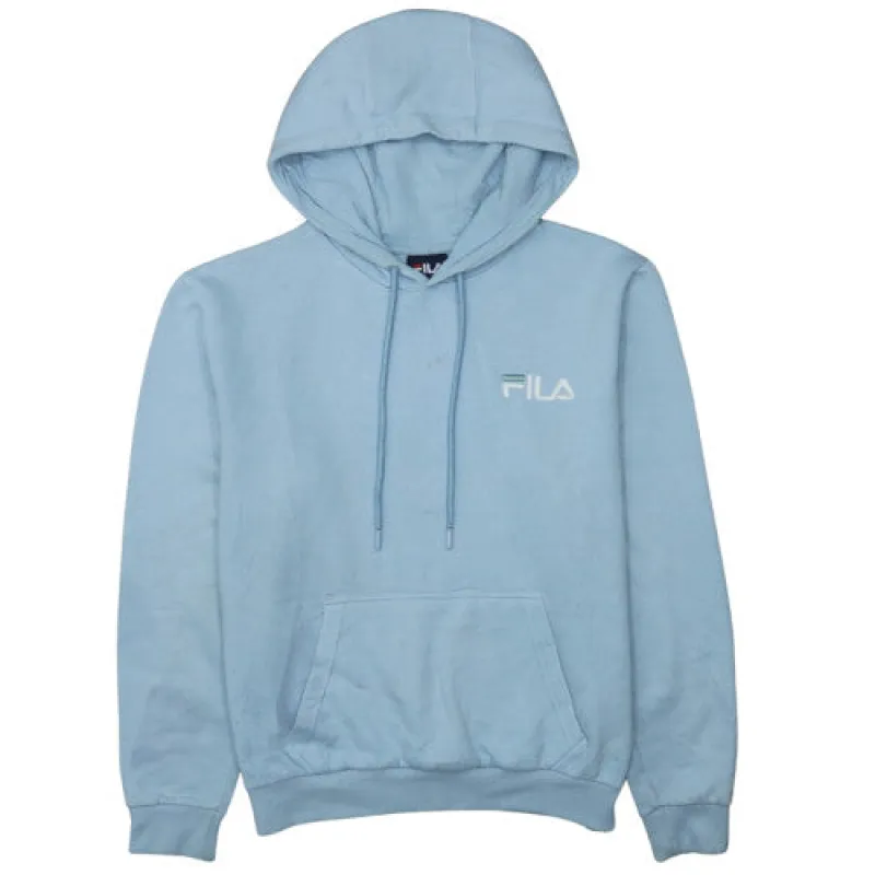 Fila Light Blue Hoodie Men’s Large Embroidered Chest Logo Kangaroo Pocket Pullover Sweatshirt sold by Vintage Club
