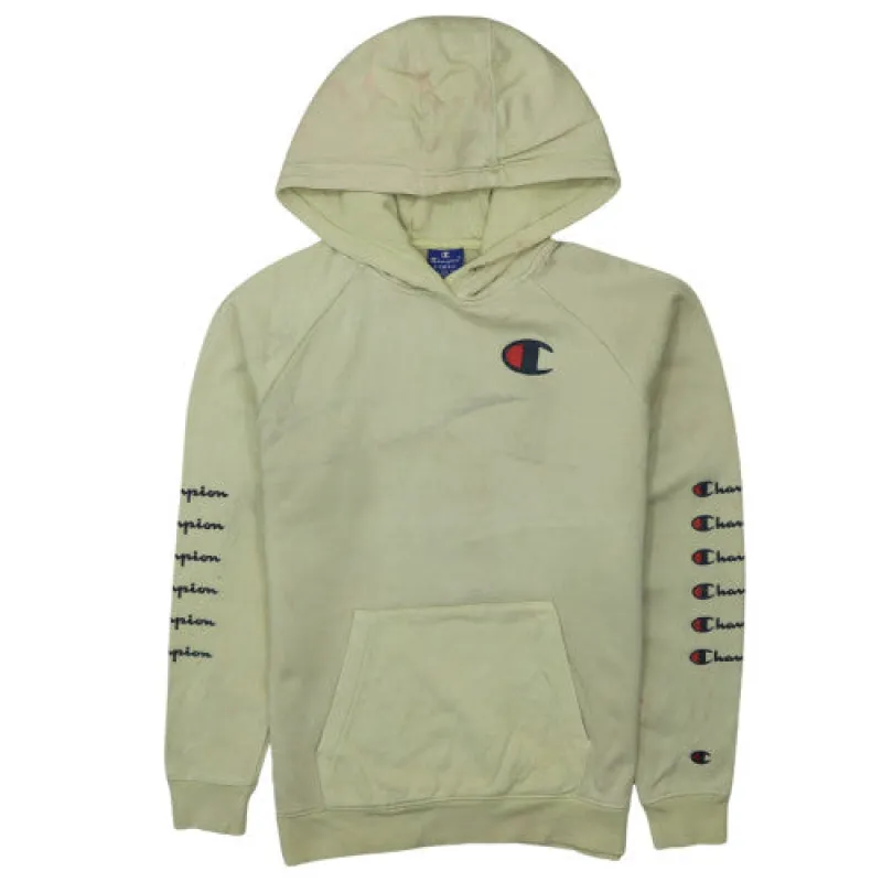 Champion Beige Cream Hoodie Men's XSmall Embroidered Logo Sleeve Script Kangaroo Pocket Pullover Sweatshirt made by Champion