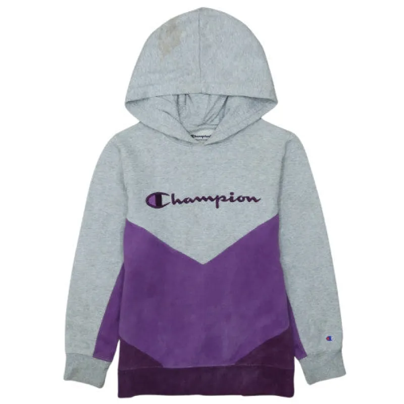 Champion Grey Purple Hoodie Women’s Large Embroidered Logo Colour Block Pullover Sweatshirt made by Champion