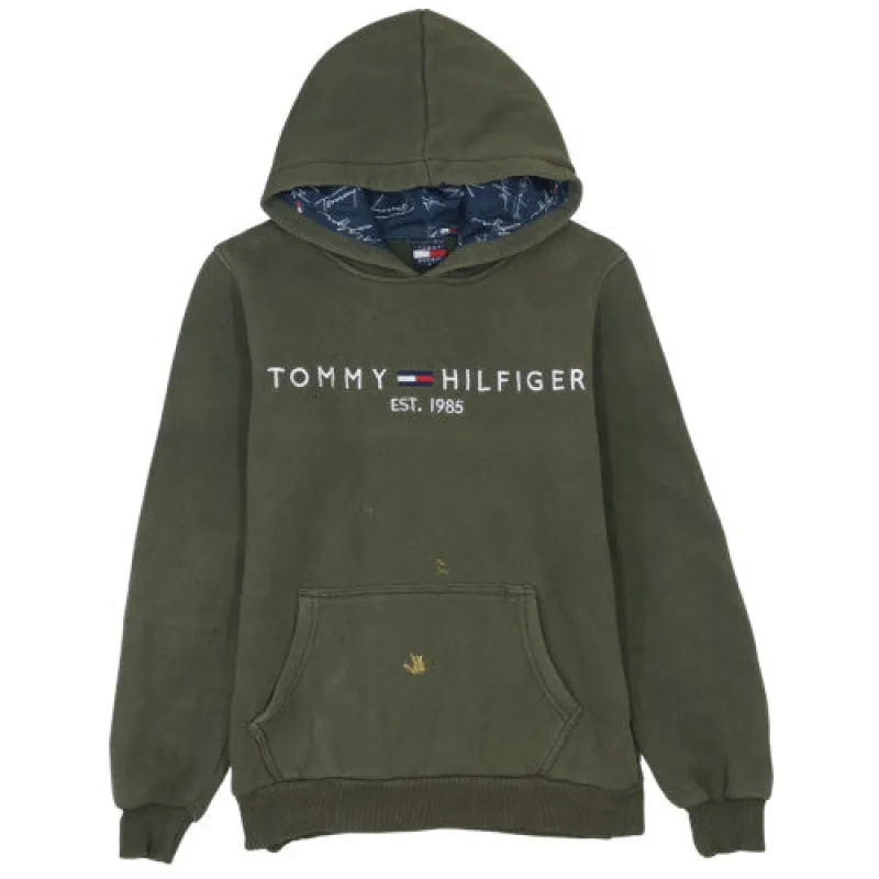 Tommy Hilfiger Olive Green Hoodie Men’s Small Embroidered Logo Kangaroo Pocket Pullover Sweatshirt made by Tommy Hilfiger