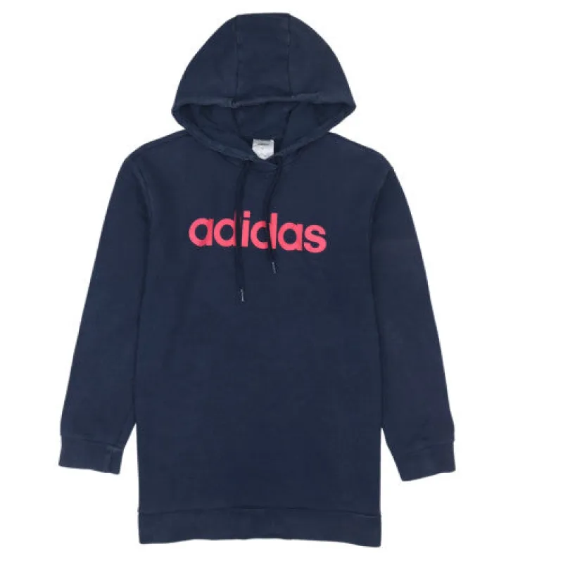 Adidas Navy Blue Hoodie Women’s Small Pink Printed Logo Drawstring Hood Longline Sweatshirt made by Adidas