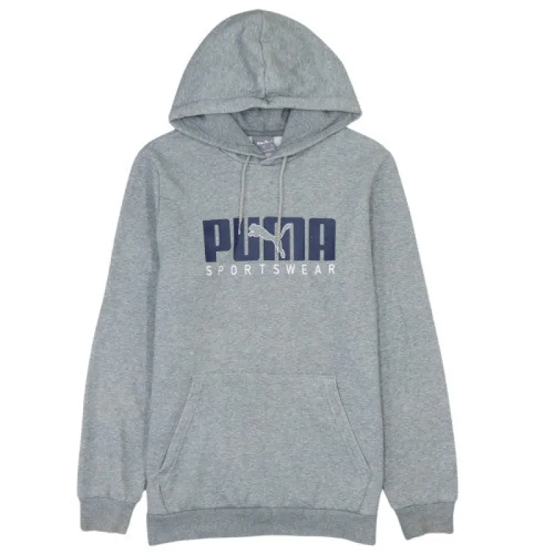 Puma Grey Hoodie Men's Small Printed Logo Kangaroo Pocket Drawstring Hood Pullover Sweatshirt sold by Vintage Club