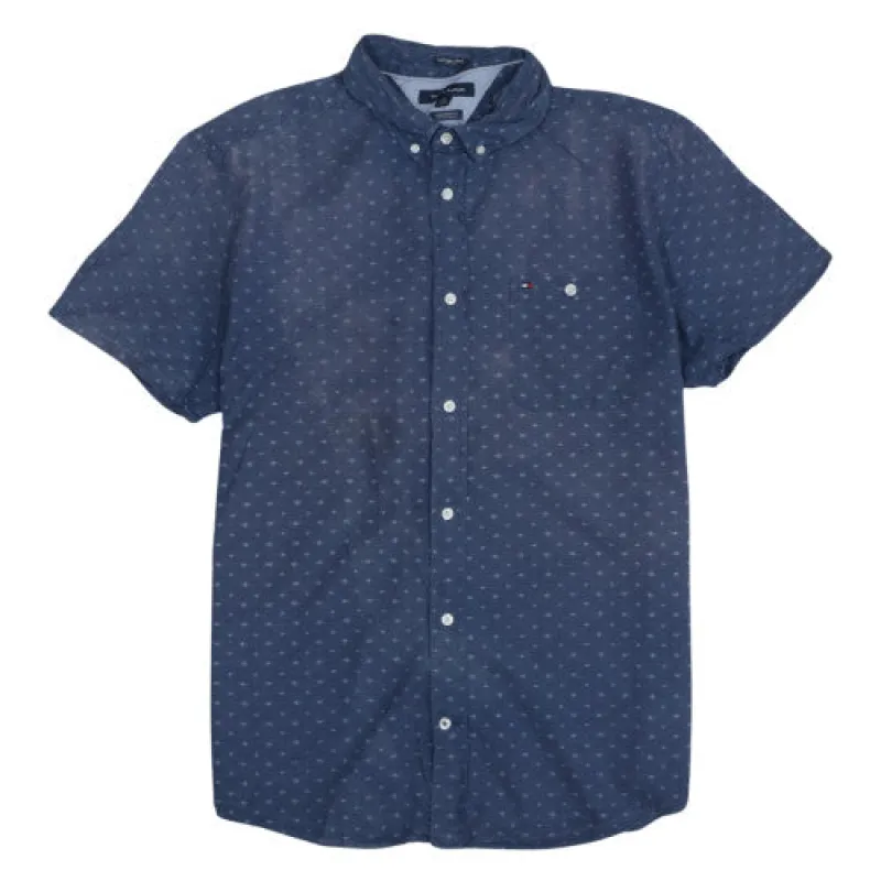 Tommy Hilfiger Navy Blue Short Sleeve Shirt Men’s XLarge All Over Print Button Up Casual Top made by Tommy Hilfiger