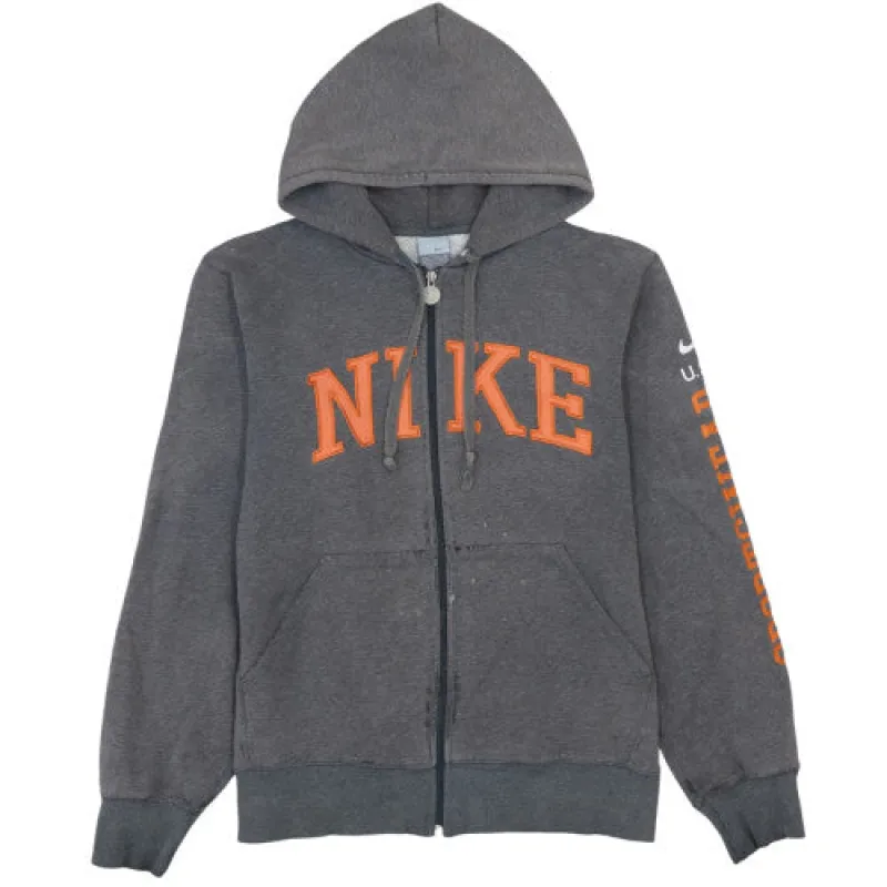 Nike Charcoal Grey Zip Hoodie Men's Medium Orange Printed Logo Sleeve Graphic Sweatshirt sold by Vintage Club