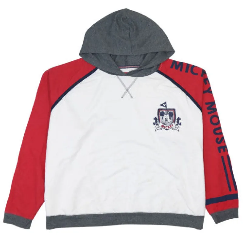 Disney Grey White Red Hoodie Men’s XLarge Mickey Mouse Print Crest Graphic Pullover Sweatshirt sold by Vintage Club