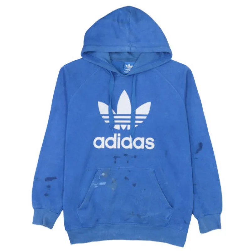 Adidas Blue Hoodie Men's Large Trefoil Printed Logo Kangaroo Pocket Pullover Sweatshirt sold by Vintage Club