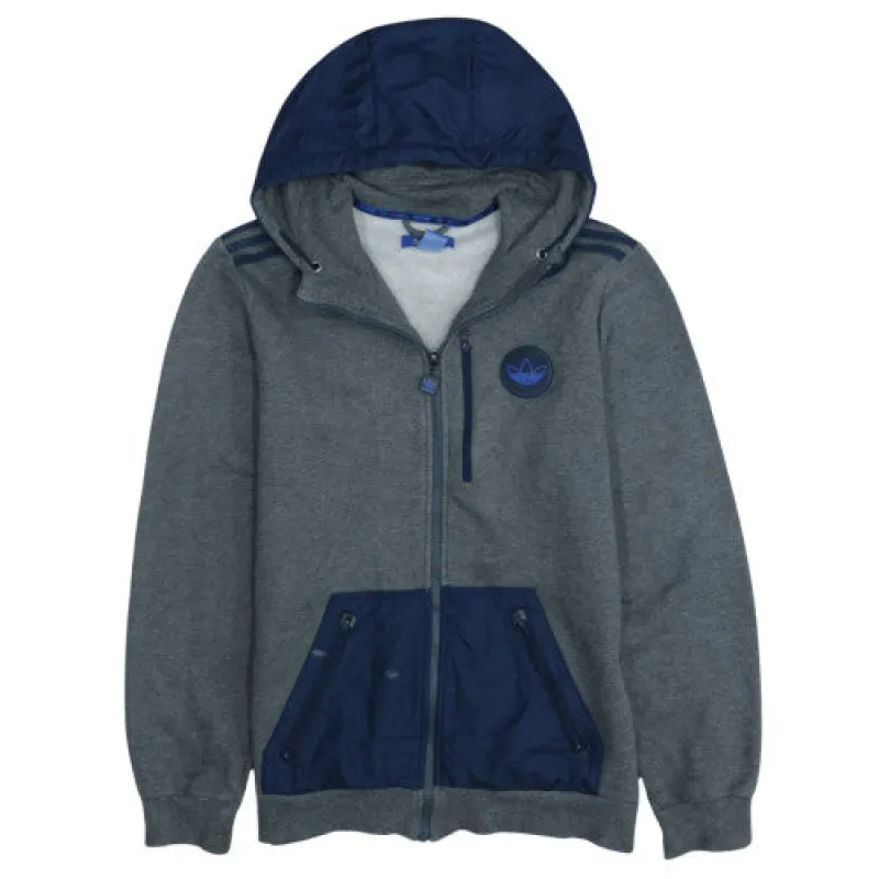 Adidas Grey Full Zip Hoodie Men's Small Blue Hood Trefoil Logo Zip Pockets Sweatshirt sold by Vintage Club