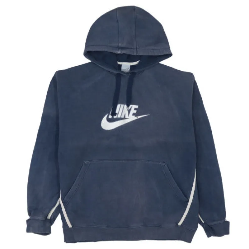 Nike Navy Blue Hoodie Men’s XLarge Printed Swoosh Logo Kangaroo Pocket Stripe Sleeves Sweatshirt sold by Vintage Club