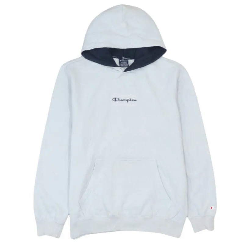 Champion Light Blue Hoodie Men’s XLarge Embroidered Chest Logo Kangaroo Pocket Pullover Sweatshirt sold by Vintage Club