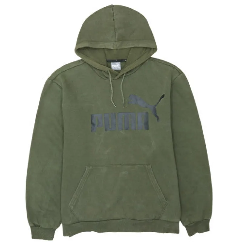 Puma Khaki Green Hoodie Men's XLarge Printed Logo Kangaroo Pocket Pullover Sweatshirt made by Vintage Club