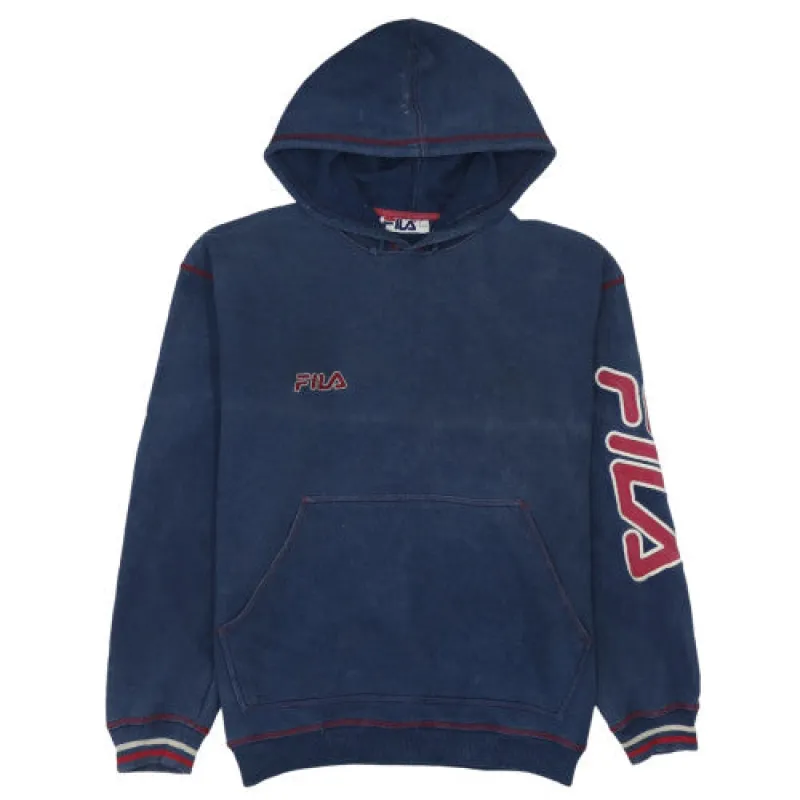 Fila Navy Blue Hoodie Men’s XXLarge Embroidered Logo Sleeve Spellout Kangaroo Pocket Sweatshirt sold by Vintage Club
