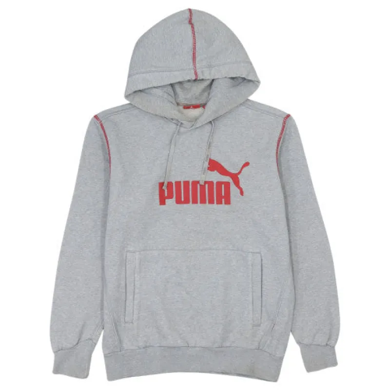 Puma Grey Hoodie Men's Small Red Printed Logo Kangaroo Pocket Pullover Sweatshirt made by Puma
