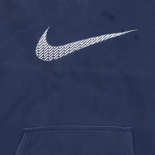 Nike Navy Blue Hoodie Women’s Large Printed Swoosh Logo Kangaroo Pocket Pullover Sweatshirt sold by Vintage Club product image thumbnail 4