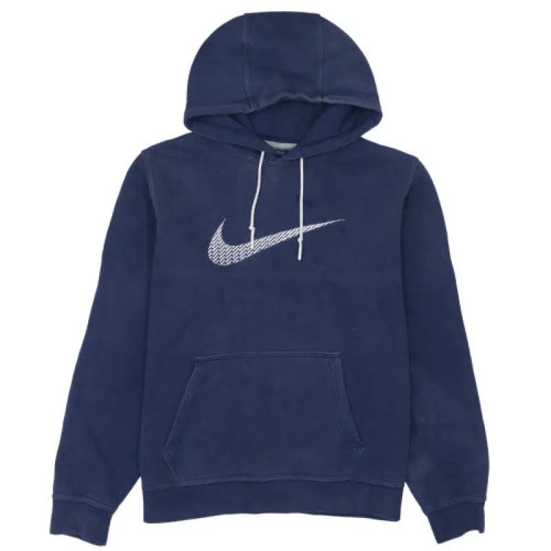 Nike Navy Blue Hoodie Women’s Large Printed Swoosh Logo Kangaroo Pocket Pullover Sweatshirt sold by Vintage Club