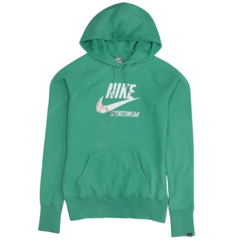Nike Green Hoodie Women’s Medium Printed Sportswear Logo Kangaroo Pocket Pullover Sweatshirt sold by Vintage Club