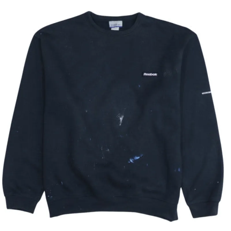 Reebok Navy Blue Sweatshirt Men's Medium Embroidered Chest Logo Paint Marks Pullover Fleece Top sold by Vintage Club