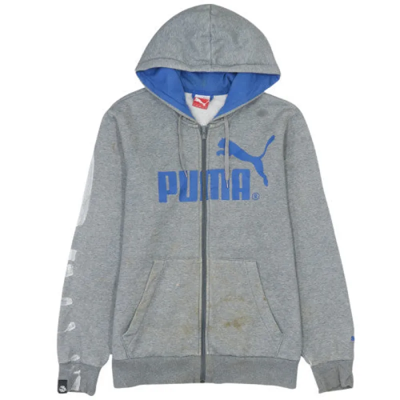 Puma Grey Full Zip Hoodie Men's Medium Blue Printed Logo Kangaroo Pockets Sweatshirt sold by Vintage Club