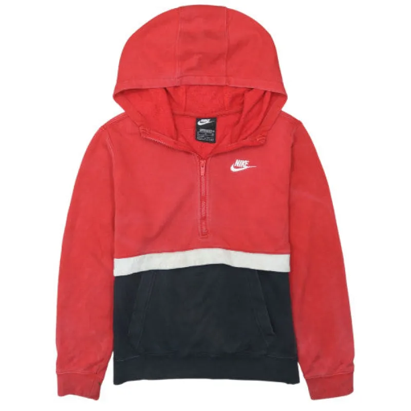 Nike Red Colour Block Hoodie Women’s XLarge Half Zip Embroidered Swoosh Kangaroo Pocket Sweatshirt sold by Vintage Club