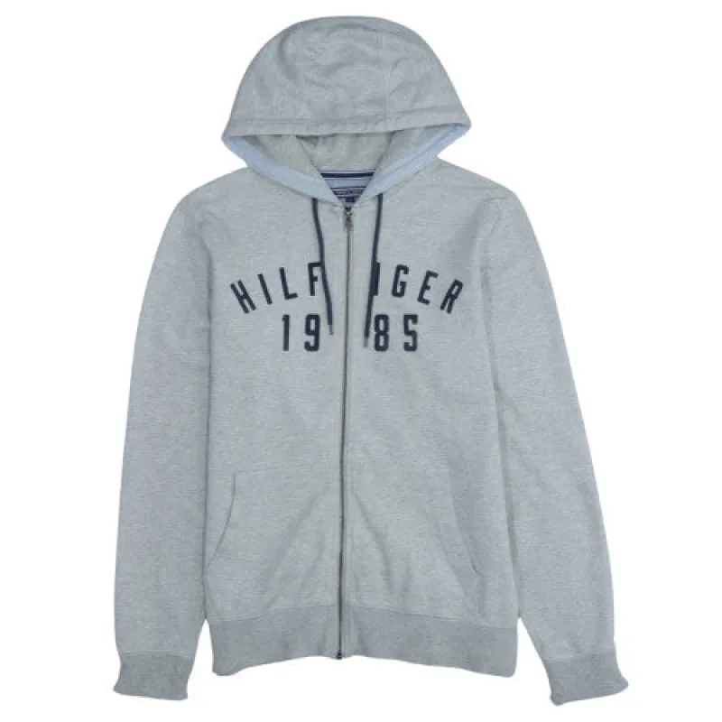 Tommy Hilfiger Grey Zip Hoodie Men's Small Printed Hilfiger 1985 Logo Kangaroo Pockets Sweatshirt sold by Vintage Club