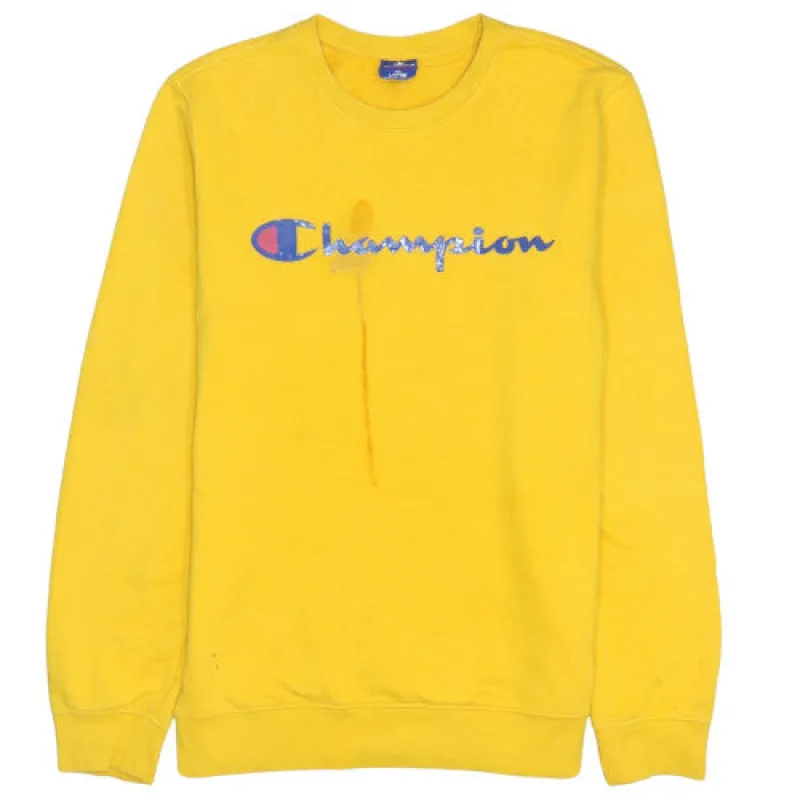 Champion Yellow Sweatshirt Men's Large Printed Chest Logo Crewneck Pullover Fleece Top made by Champion