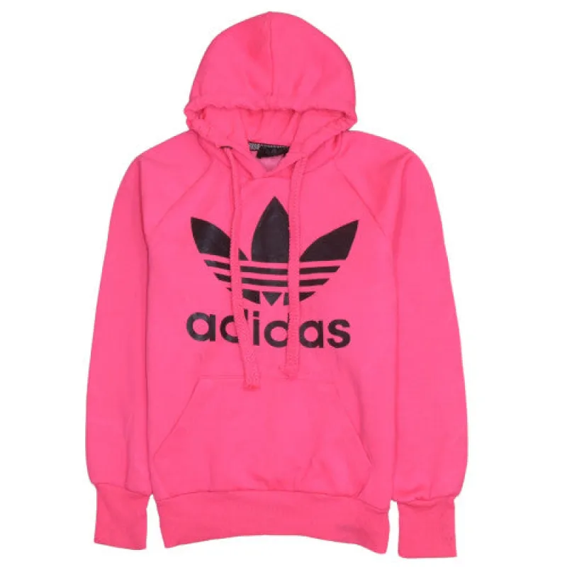 Adidas Bright Pink Hoodie Men's Small Trefoil Printed Logo Kangaroo Pocket Pullover Sweatshirt sold by Vintage Club