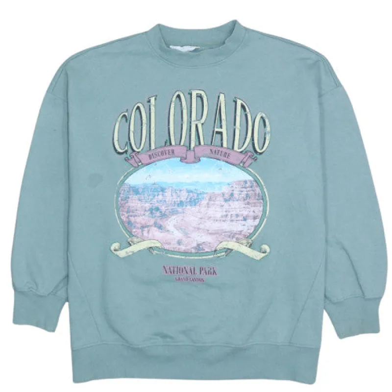 Primark Green Colorado Sweatshirt Men's Small Printed Graphic Crewneck Pullover Fleece Top sold by Vintage Club