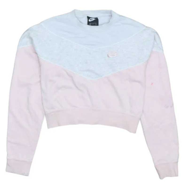 Nike Pink Grey Sweatshirt Women’s Small Embroidered Swoosh Chevron Panel Cropped Pullover Top sold by Vintage Club