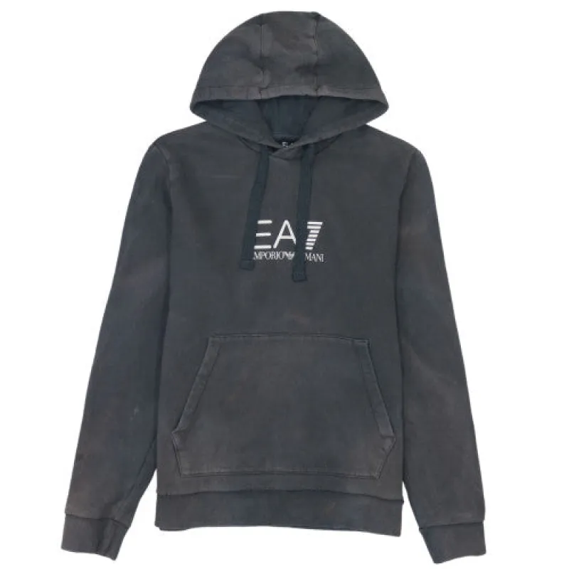 Emporio Armani Faded Black Hoodie Men's Large EA7 Printed Logo Kangaroo Pocket Pullover Sweatshirt sold by Vintage Club