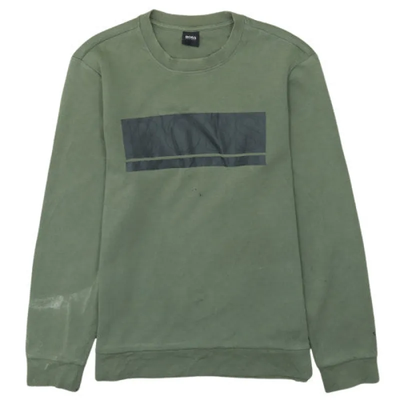 HUGO BOSS Khaki Green Sweatshirt Men's Medium Printed Chest Logo Crewneck Pullover Top sold by Vintage Club