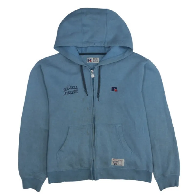 Russell Athletic Blue Zip Hoodie Men's Large Embroidered Logos Kangaroo Pockets Sweatshirt made by Russell Athletic
