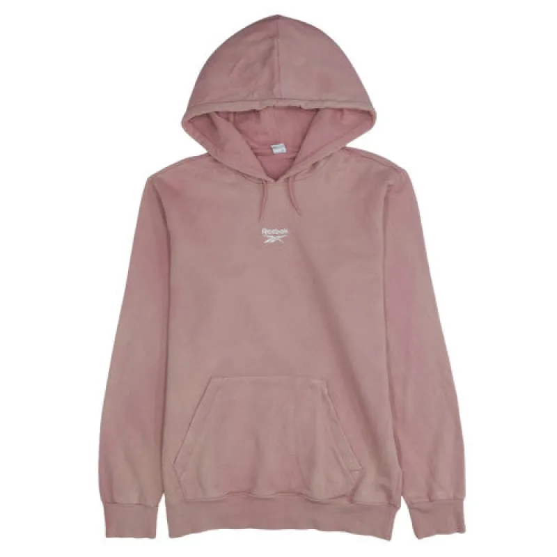Reebok Pink Hoodie Men’s Medium Embroidered Chest Logo Kangaroo Pocket Pullover Sweatshirt sold by Vintage Club