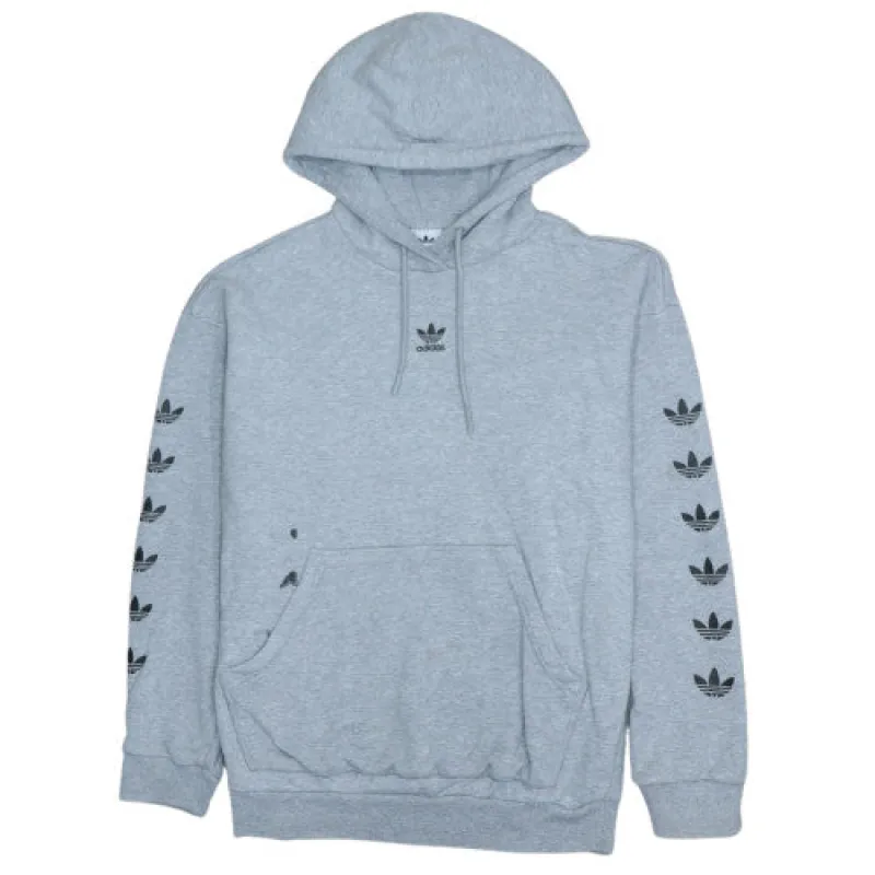 Adidas Grey Hoodie Women’s XLarge Trefoil Sleeve Print Pullover Kangaroo Pocket Sweatshirt sold by Vintage Club