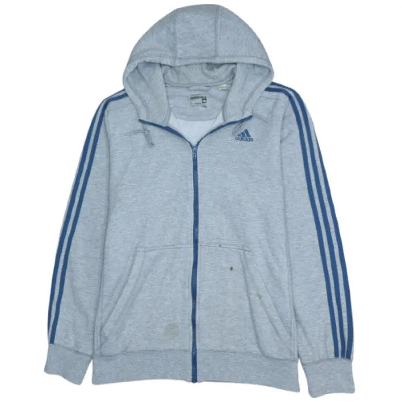 Adidas Light Grey Full Zip Hoodie Men's Large Blue Three Stripe Sleeves Embroidered Logo Sweatshirt sold by Vintage Club